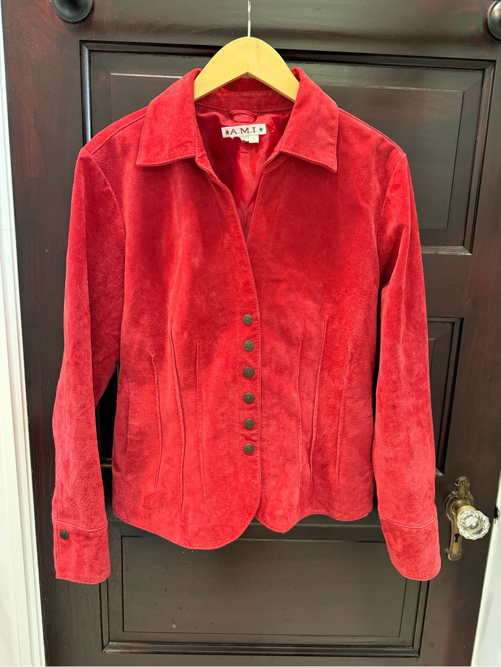 Ami Red Suede Snap Front Fitted Jacket with Pockets